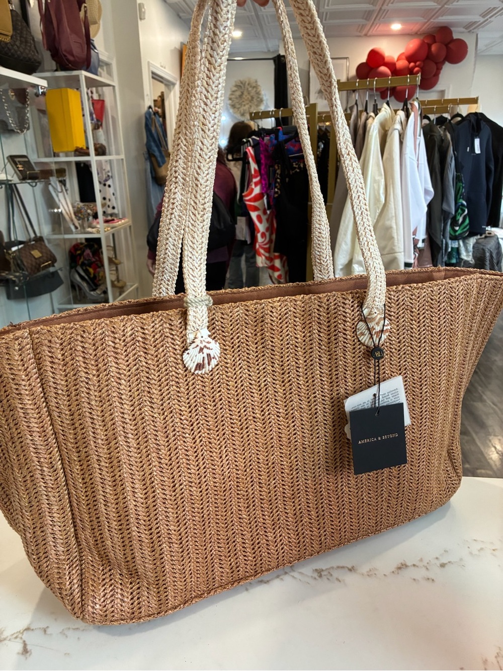 American & Beyond Woven Straw Tote in Tan with Cream Handles - Picture 2 of 3